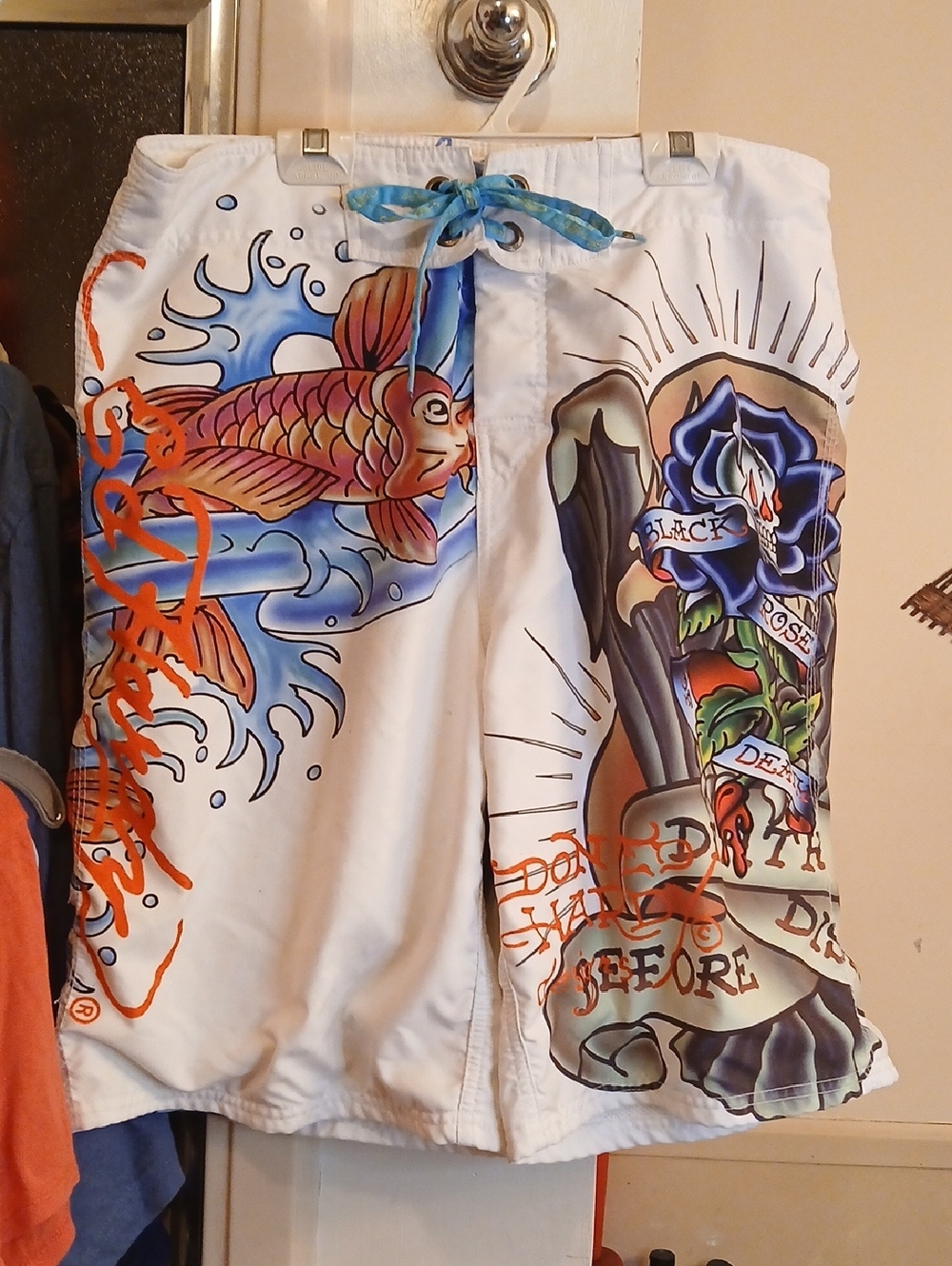 Ed Hardy White Swim Shorts with Multicolor Tattoo Art,sz.34